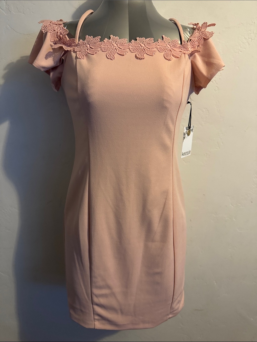 Kensie Blush Pink Cold-Shoulder Sheath Dress with Lace Trim